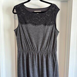 LOFT Charcoal Gray Dress with Black lace applique